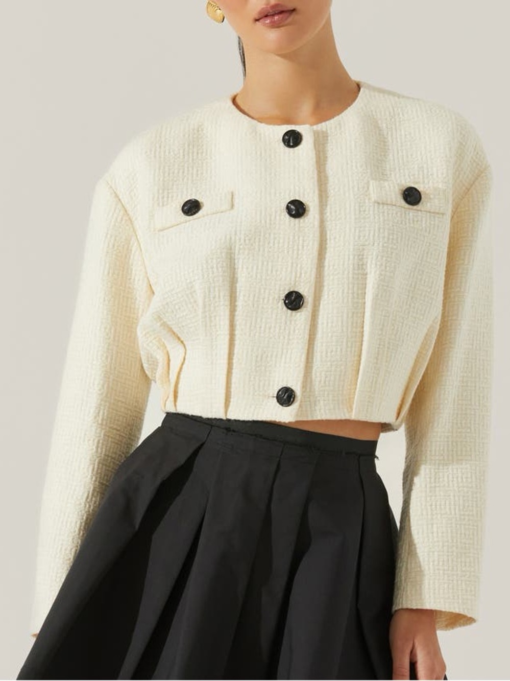 Astr Edana Tweed Cropped Cream Bouclé Blazer with Black Buttons